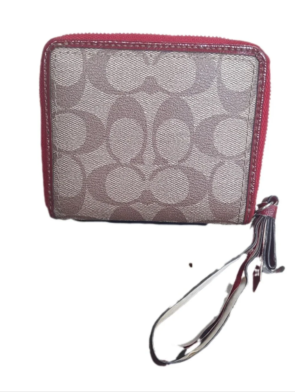Coach Beige Signature Canvas Wallet with Pink Trim and Tassel Wristlet - Picture 3 of 3
